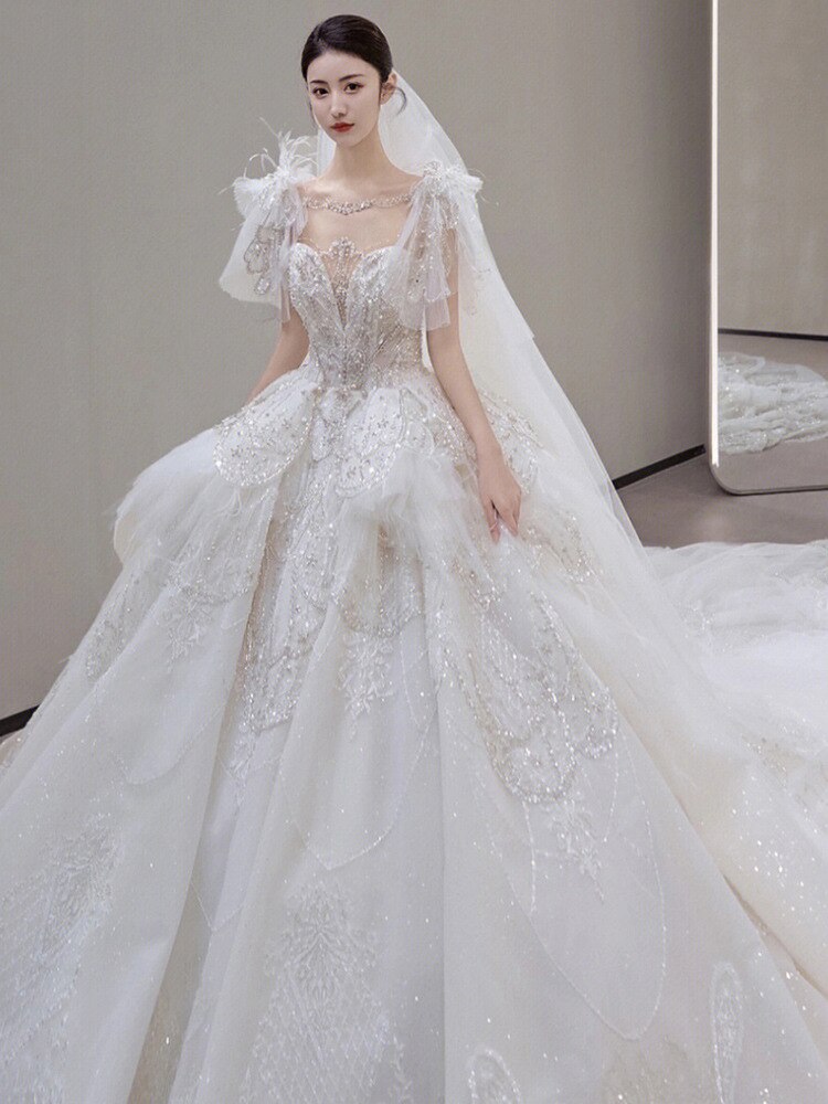 Luxury Wedding Dress Lace Embroidery Backless Sweep Train Custom Made