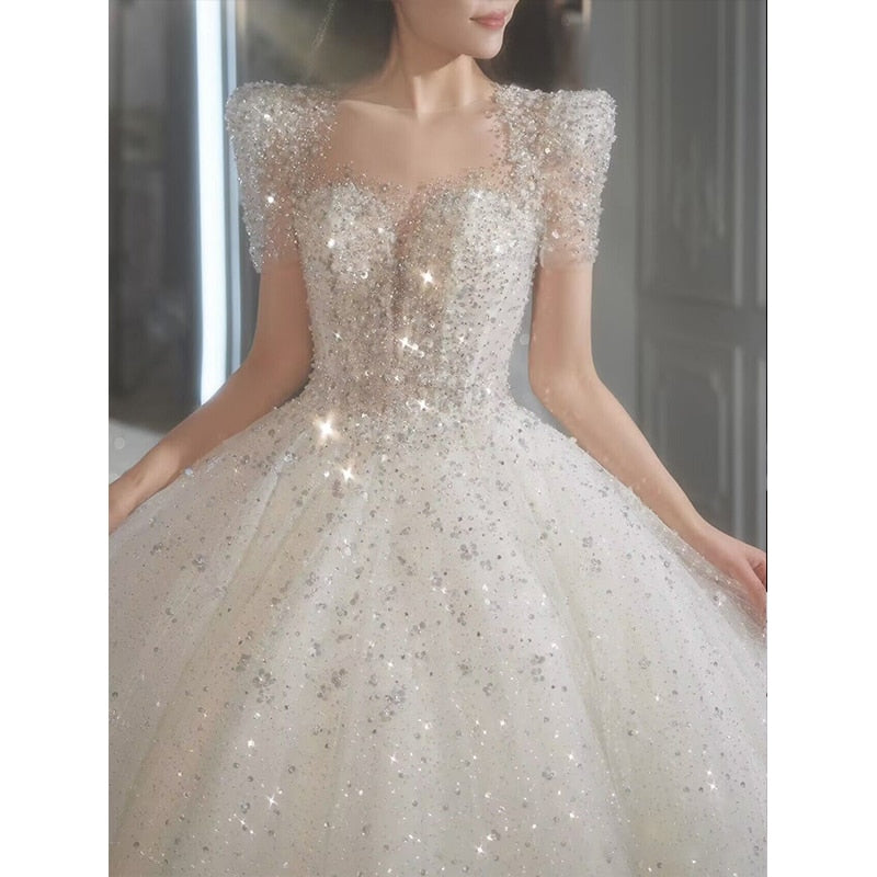 Bridal Dress Sequin Embellishment O Neck Floor-length Back Strap Sweep Train