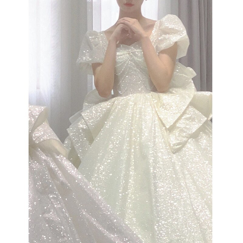 Sweetheart Beading Pearls Puff Sleeve Big Butterfly Back Lace Up Wedding Gowns