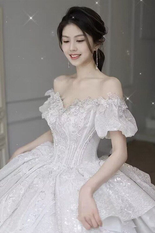 Bridal Dress Off The Shoulder Boat Neck With Bow Sequins Sweep Train
