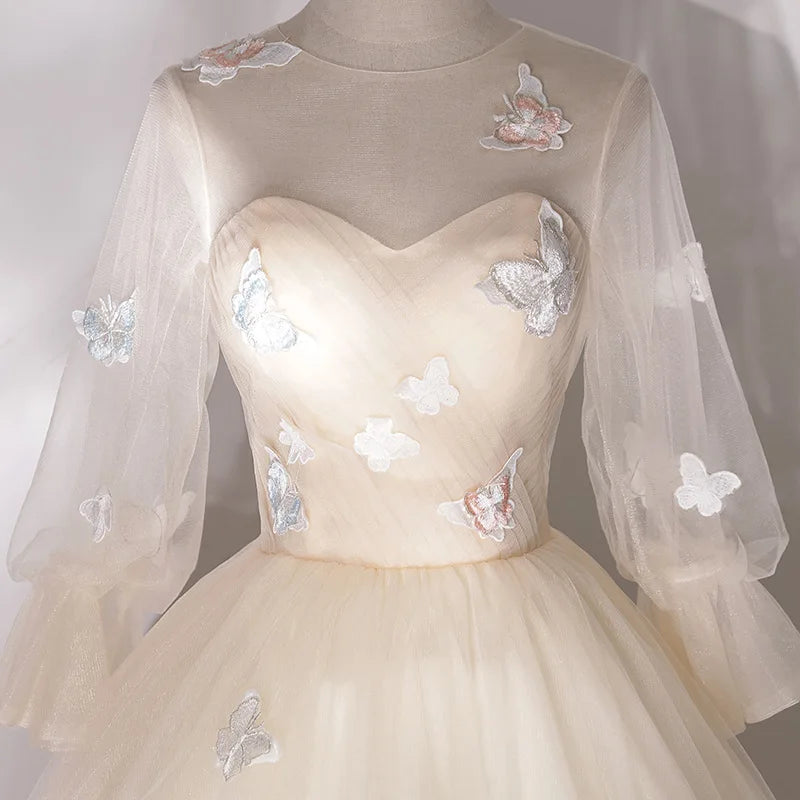Champagne Tulle Appliques Prom Quinceanera Dresses