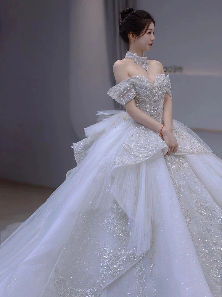 Off The Shoulder Handmade Appliques With Beading Princess Ball Gowns