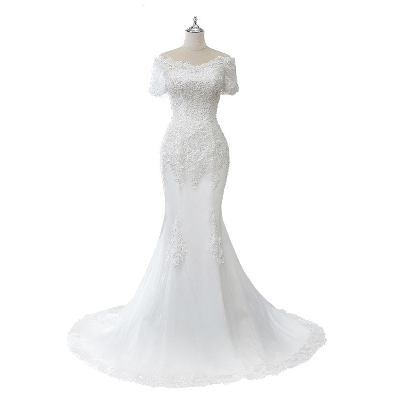 Lace Applique Wedding Dress Boat Neck Lace Up Short Sleeve Mermaid Bridal Dress