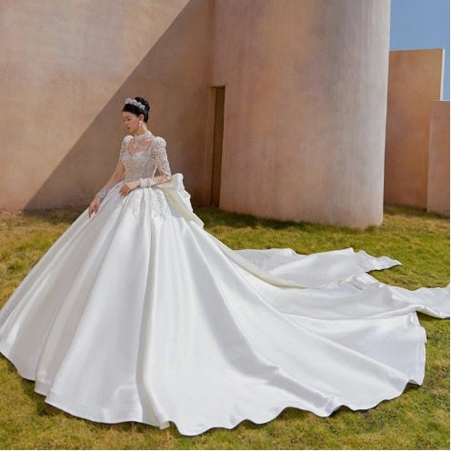 Luxury Bride Dress Pearl Satin Backless Strap With Large Bow Floor-length And Trailing