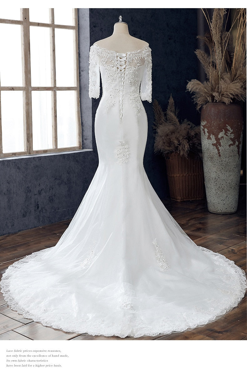 Boat Neck Mermaid Wedding Dress Lace Up Applique Bridal Dress