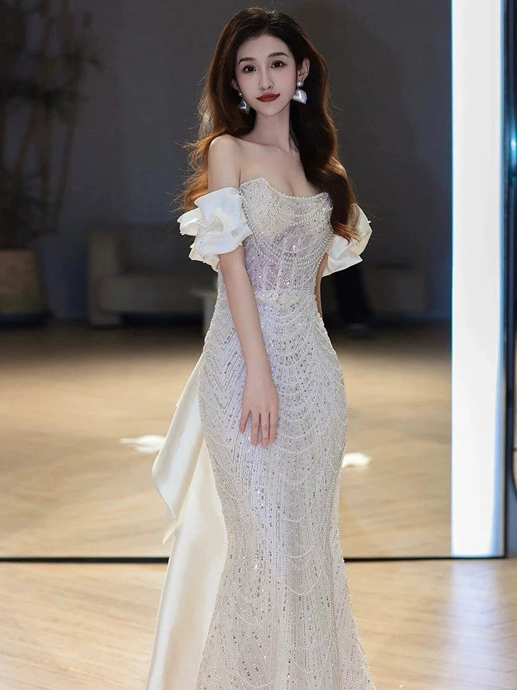 White Shiny Beading Evening Dresses Gorgeous Mermaid Host Light