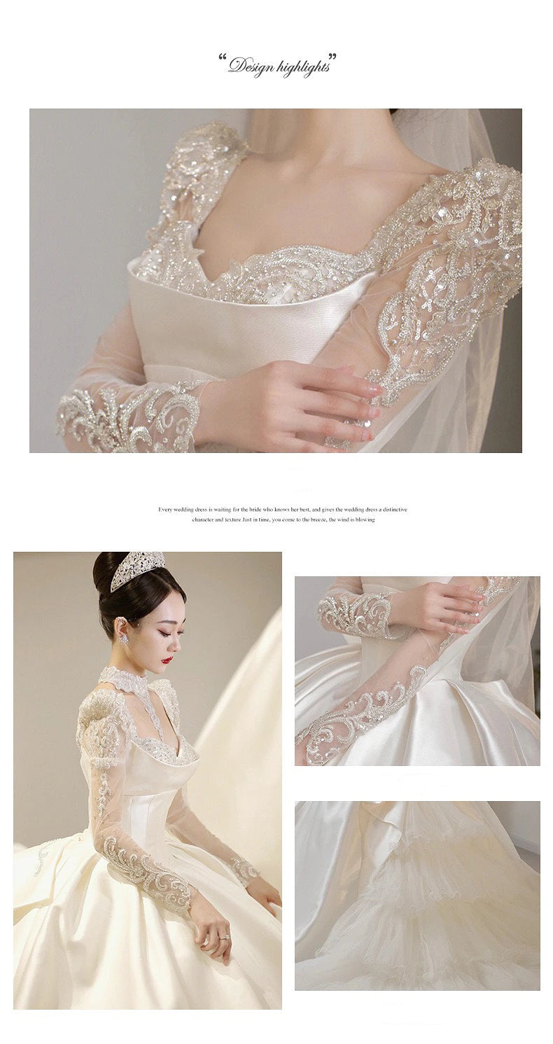 Satin O Neck Applique Sequined Beads Full Sleeve A Line Gowns