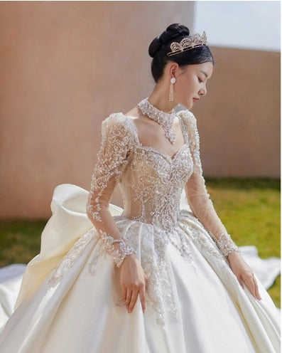 Luxury Bride Dress Pearl Satin Backless Strap With Large Bow Floor-length And Trailing