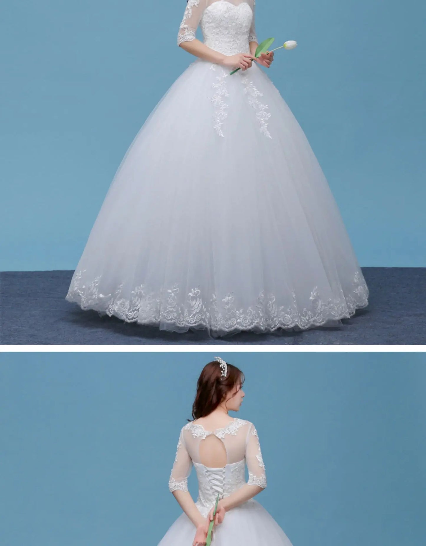 Lace A- Line O-neck Wedding Dresses Cheap Floor Length Ivory Bride Gowns Custom Made