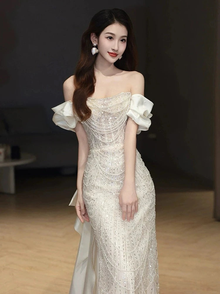 White Shiny Beading Evening Dresses Gorgeous Mermaid Host Light