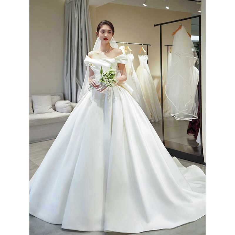 Spring Off The Shoulder Wedding Dress Simple Satin Sweep Train Bridal Gown