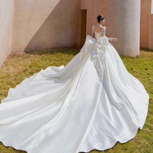 Luxury Bride Dress Pearl Satin Backless Strap With Large Bow Floor-length And Trailing