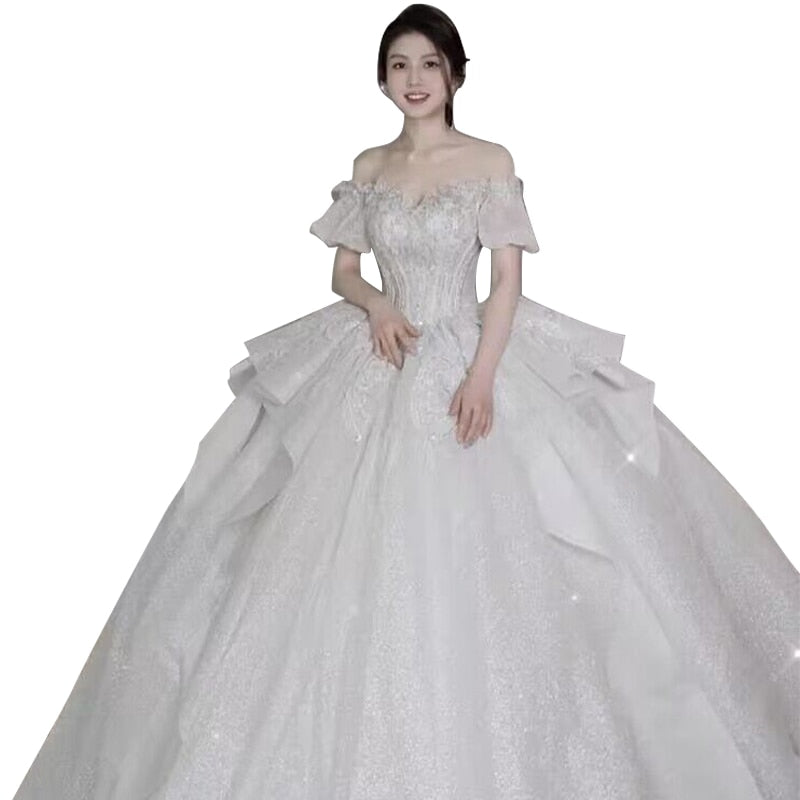 Bridal Dress Off The Shoulder Boat Neck With Bow Sequins Sweep Train