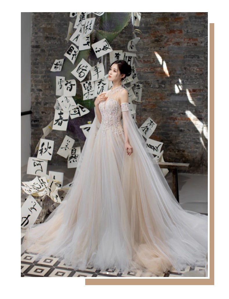 Wedding Dress French Style With Detachable Cap Luxury Embroidery Zipper With Buttones