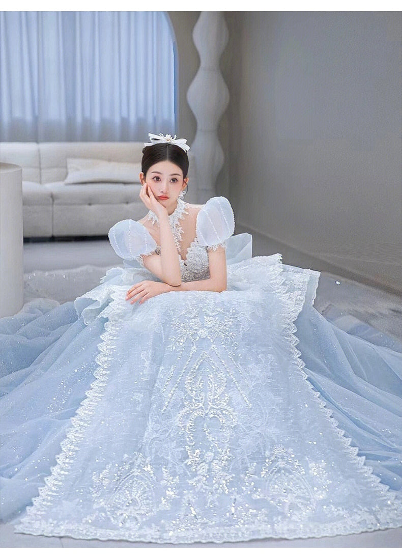 Snow Blue Princess Luxury Wedding Dress 2023 New O-neck Sexy Lace Up Applique Bridal Ball Gown Sweep