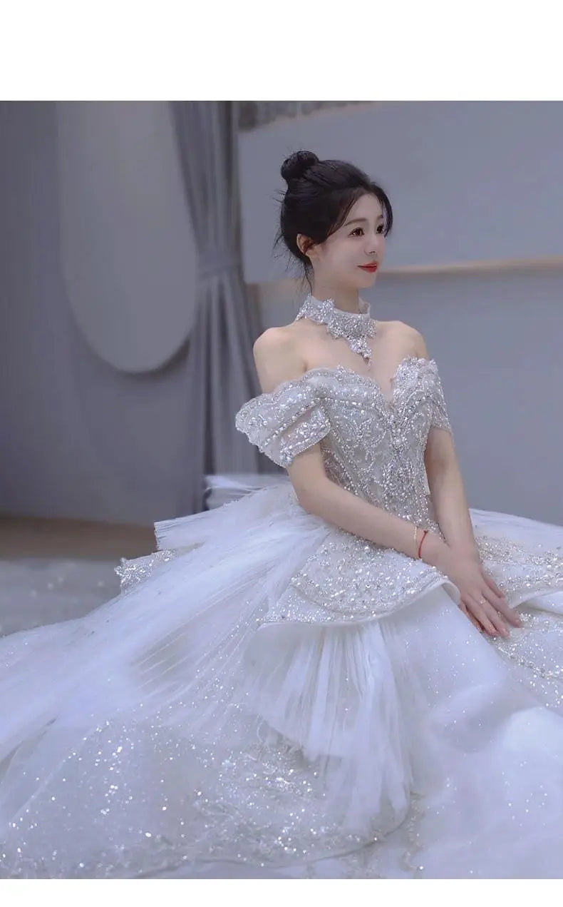 Off The Shoulder Handmade Appliques With Beading Princess Ball Gowns