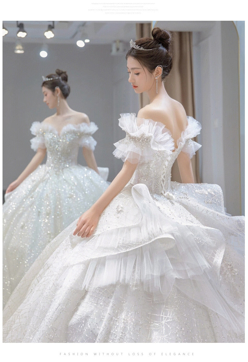 Luxury Wedding Dress Off The Shoulder Bridal Dress Lace Applique Custom Made