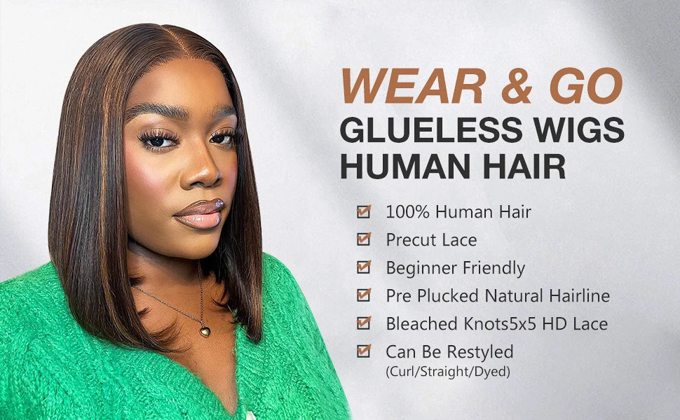 Glueless Wigs Human Hair Pre Plucked Pre Cut P1b/30 Straight Bob Wig With Natural Hairline