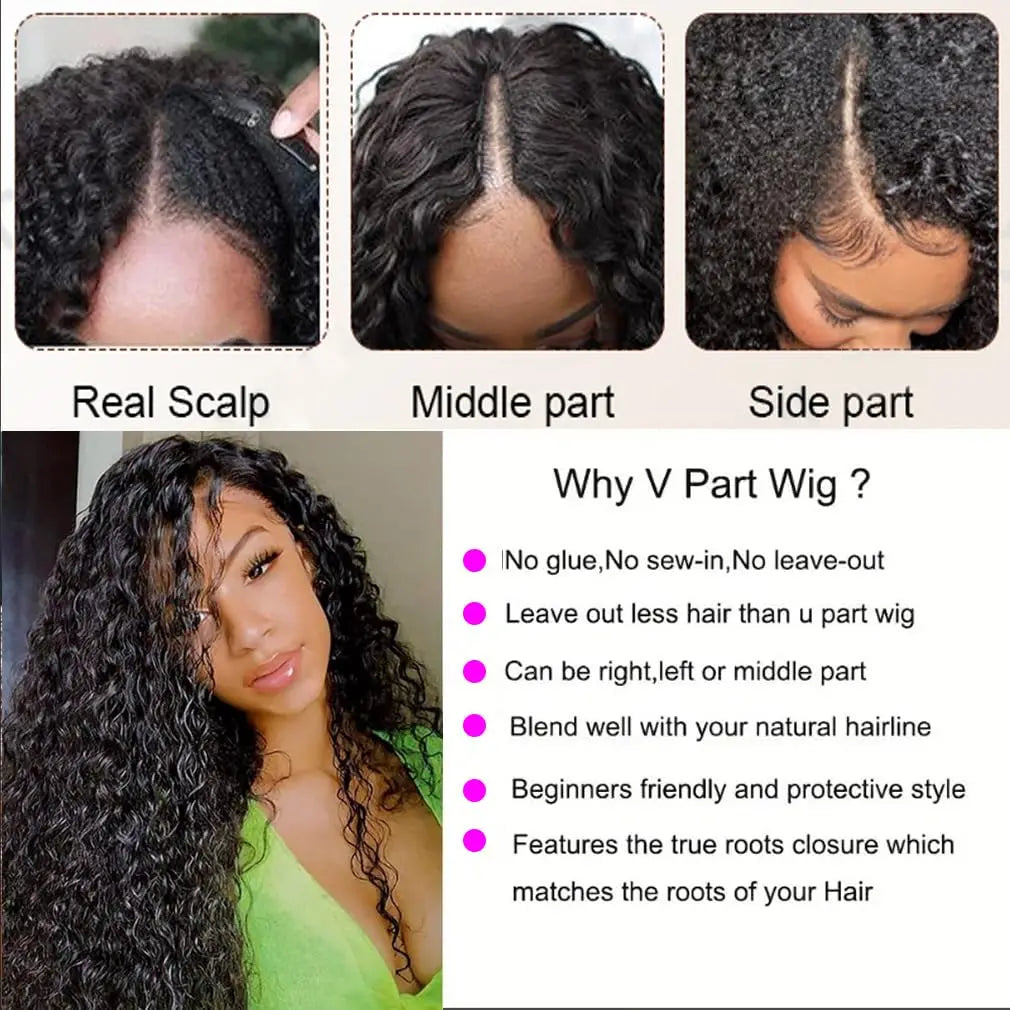 30 40 Inch V Part Wig Human Hair Curly deep wave Glueless Wigs No Leave Out No Glue Natural Black Ready to Wear Brazilian Hair