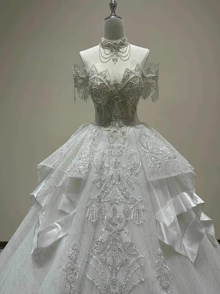 Luxury Boat Neck Wedding Dress Beading Lace Up Applique Bridal Dress Ball Gown