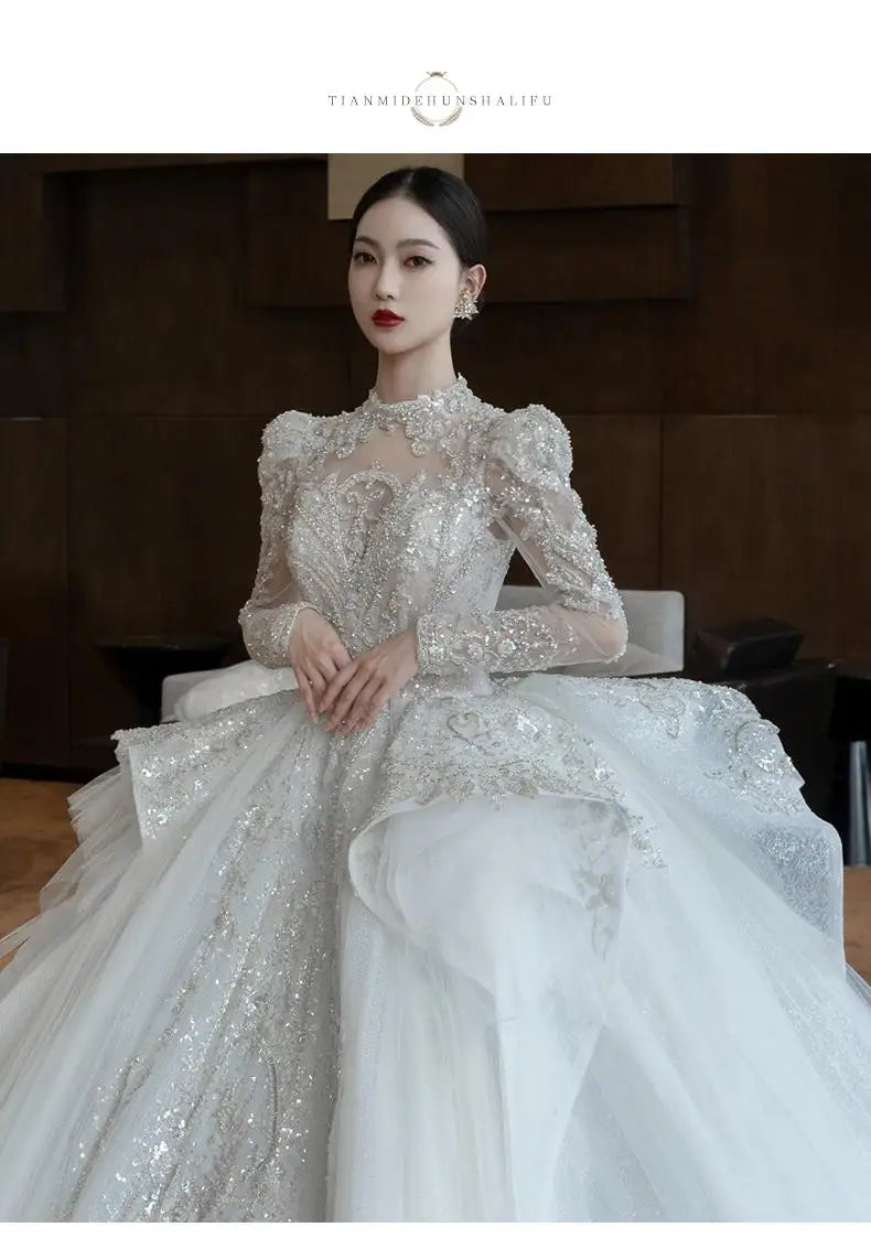 Long Sleeve Wedding Dress High Neck Backless Bride Dress Sexy Luxury Blingbling Wedding Gowns
