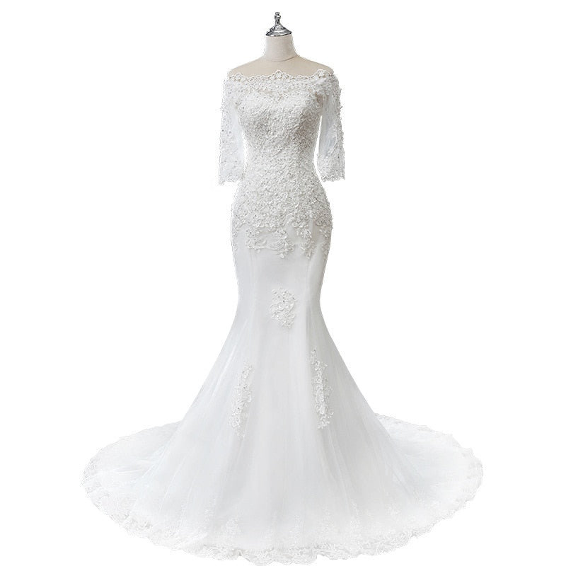 Boat Neck Mermaid Wedding Dress Lace Up Applique Bridal Dress