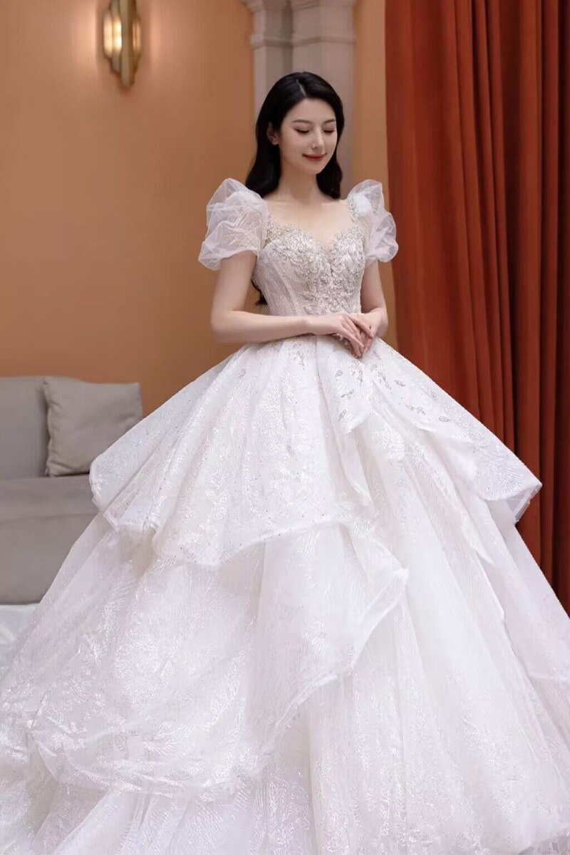Embroidery Beaded Bubble Sleeveless Princess Wedding Gown