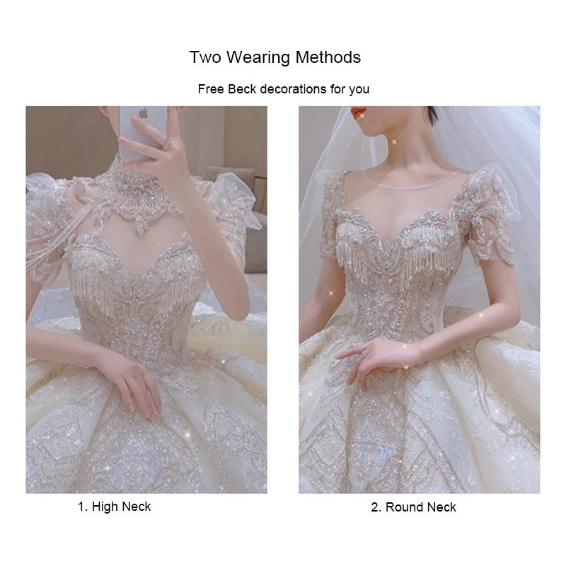 Luxury Vintage Shiny Long Train Big Beading Ball Gown