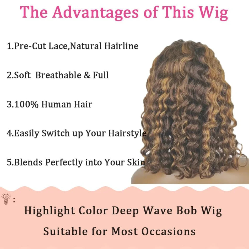 Bob Wig Human Hair 100% Highlight Ombre 5X5 Hd Lace Closure Wig Curly Short