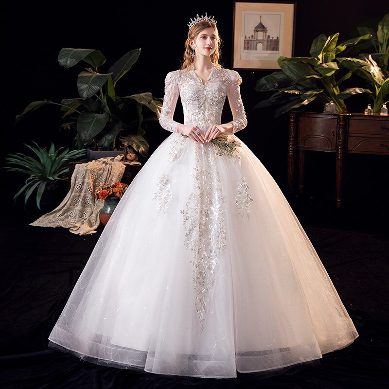 Luxury V Neck Long Sleeve Wedding Dress High Waist