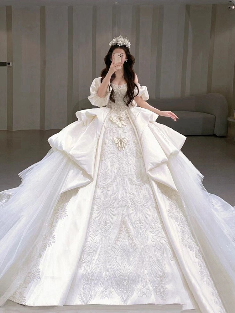Boat Neck Satin Sweep Train Princess Wedding Gown Lace Embroidery