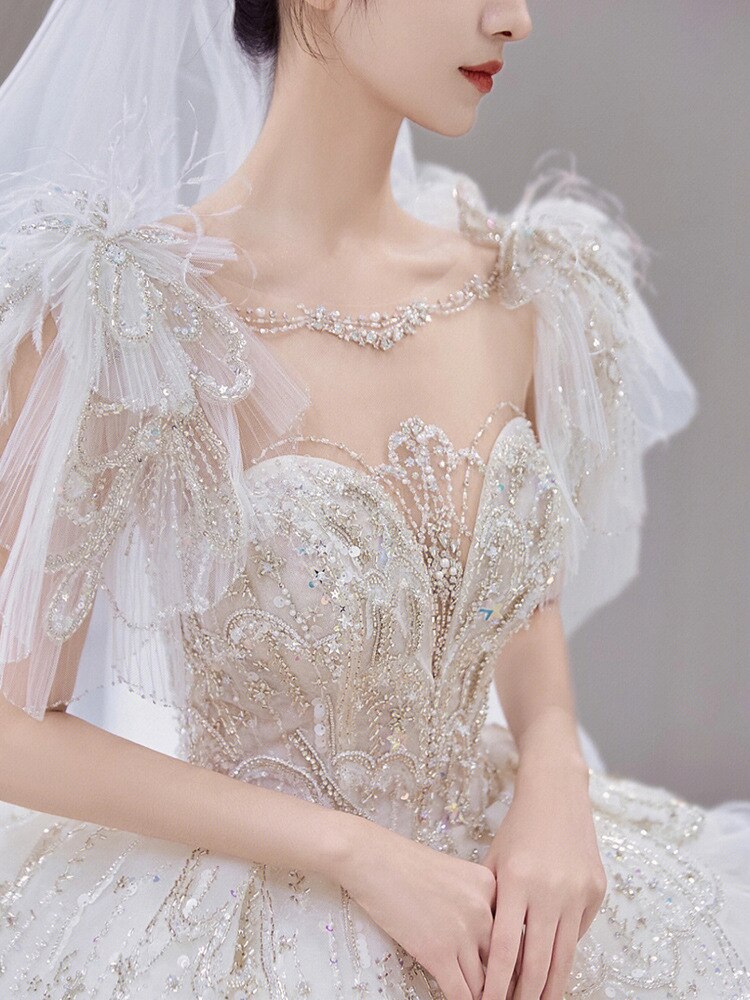 Luxury Wedding Dress Lace Embroidery Backless Sweep Train Custom Made