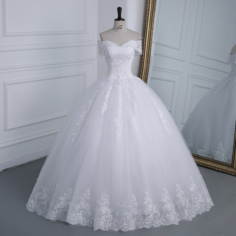 Off The Shoulder Plus Size Lace Wedding Dress Long Train Appliqes Pearls Bridal Tulle