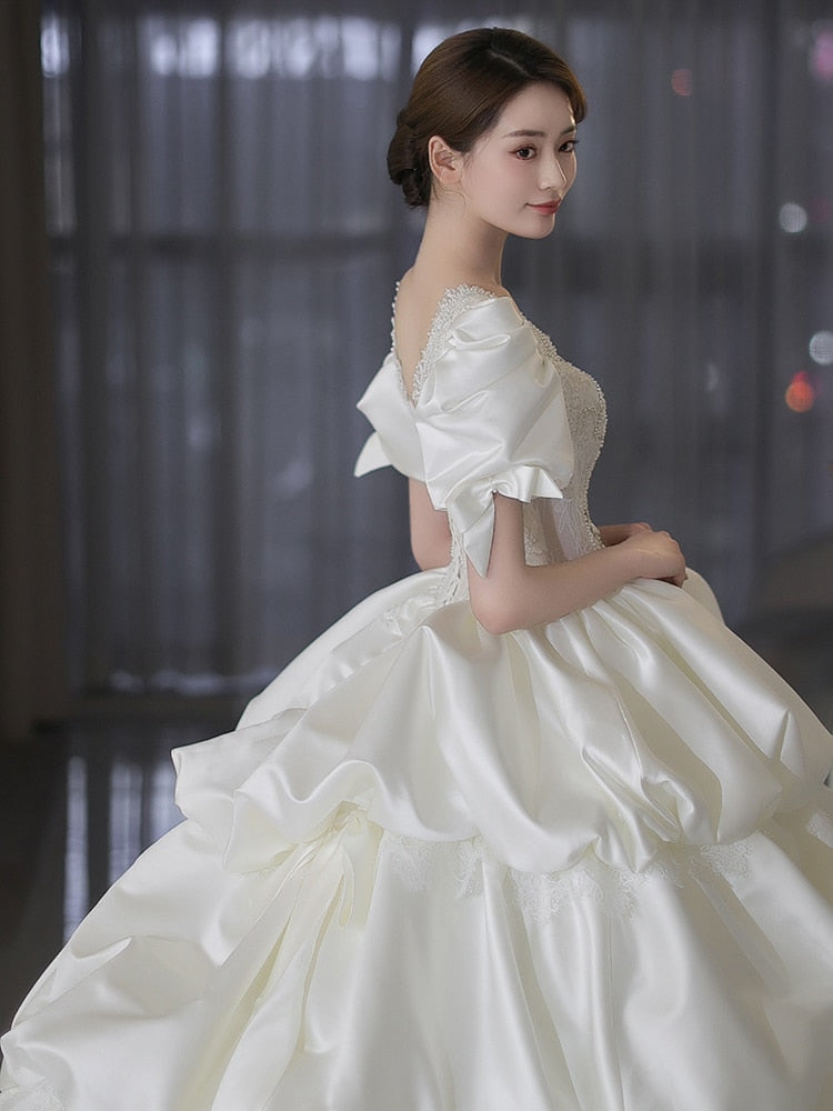 Puff Sleeve Princess Wedding Dress Sweep Train Beading Bridal Gown