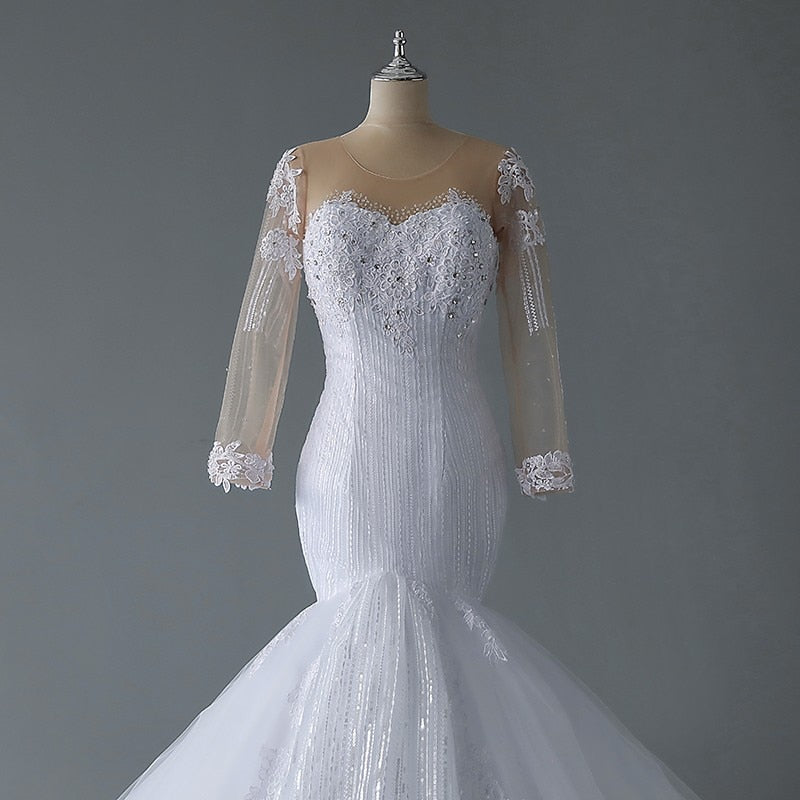 Long Sleeve Mermaid Wedding Dress With Small Train Elegant O Neck