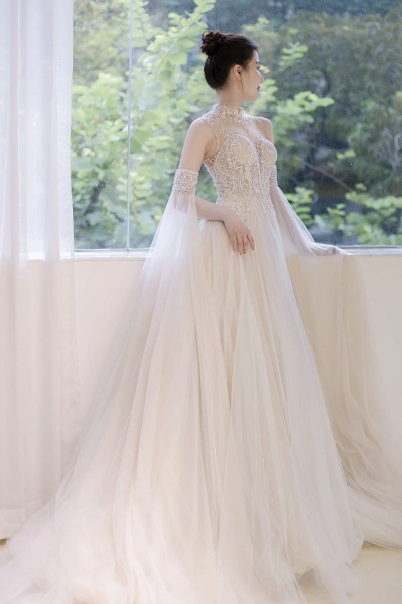Wedding Dress French Style With Detachable Cap Luxury Embroidery Zipper With Buttones