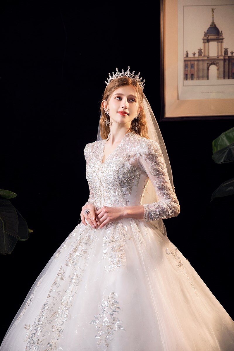 Luxury V Neck Long Sleeve Wedding Dress High Waist