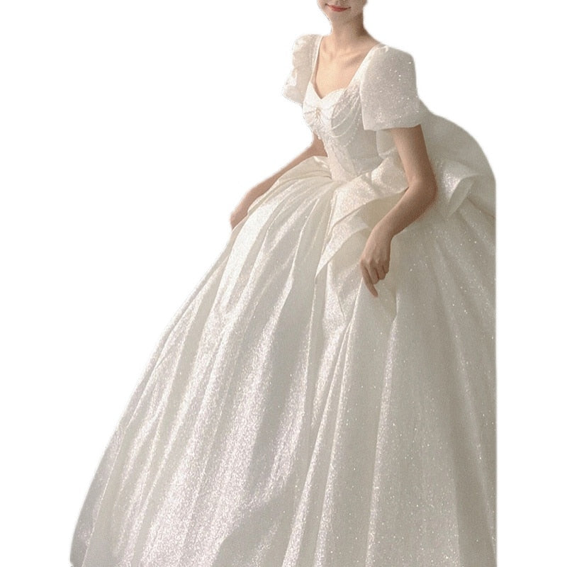 Sweetheart Beading Pearls Puff Sleeve Big Butterfly Back Lace Up Wedding Gowns