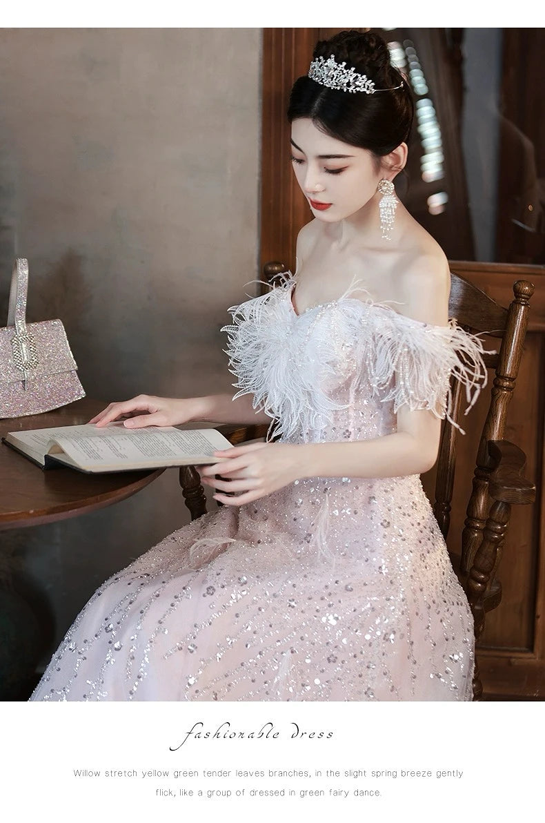 Pink Evening Dresses Off the Shoulder Lace-up Sequins Floor-Length A-line Sleeveless