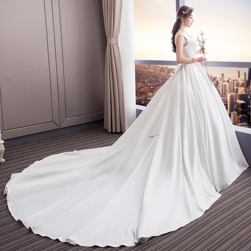 Vintage Square Collar Ball Gown Wedding Dresses Satin Simple Bride Dress With Bow Sleeveless