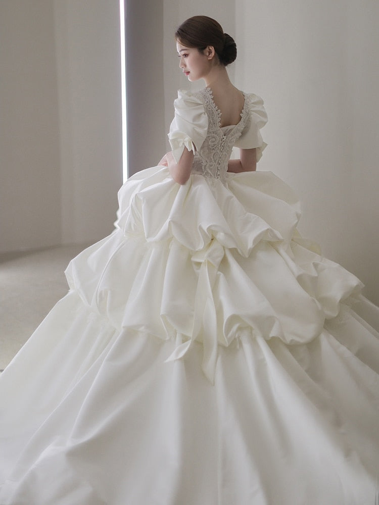 Puff Sleeve Princess Wedding Dress Sweep Train Beading Bridal Gown
