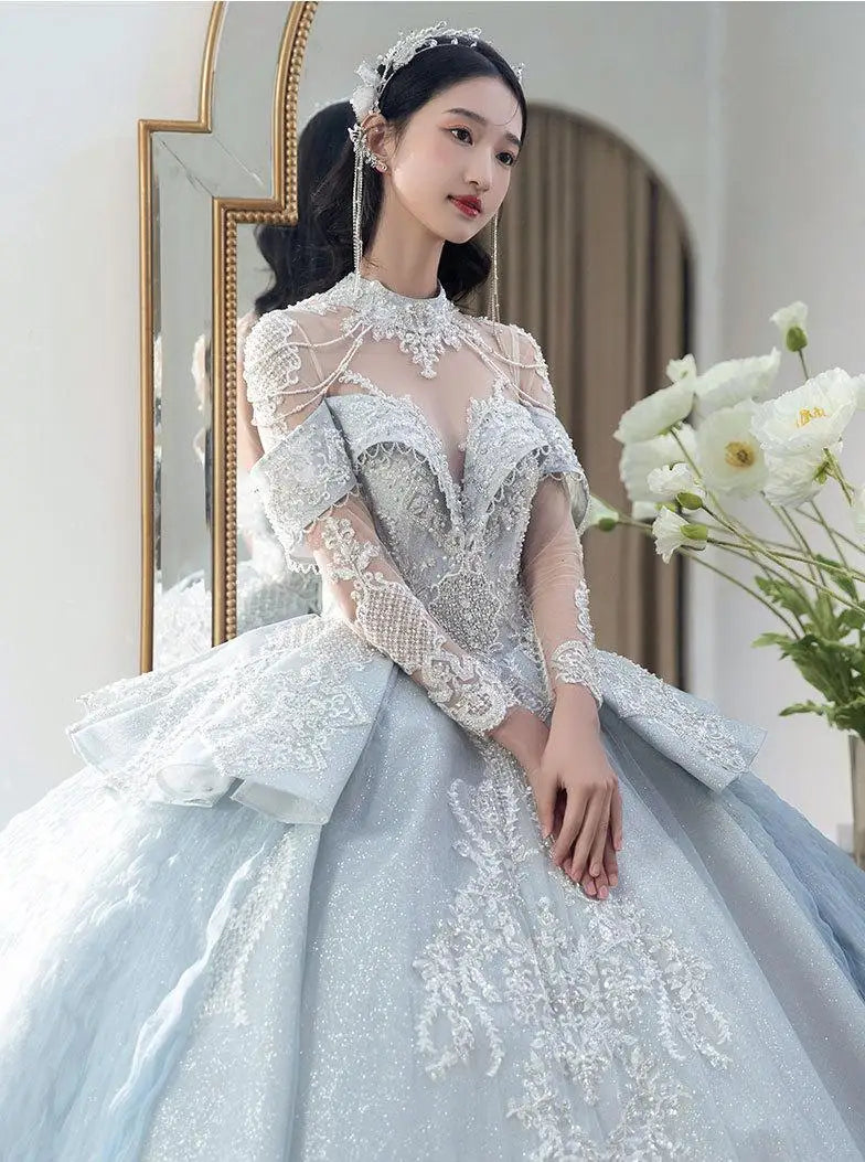 Off The Shoulder Shiny Embroidered Lace V Neck Vintage Bridal Ball Gown Dress