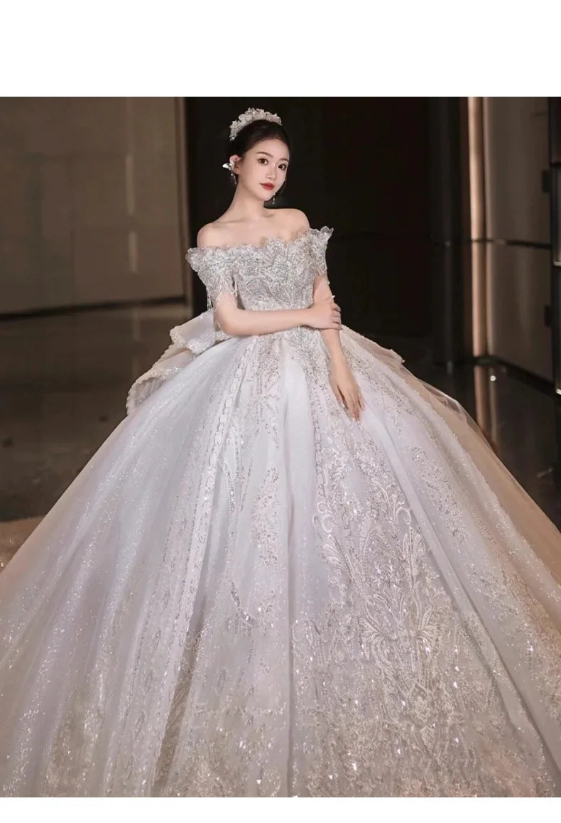 Boat Neck Handmade Beading Exquisite Off The Shoulder Princess Ball Gowns