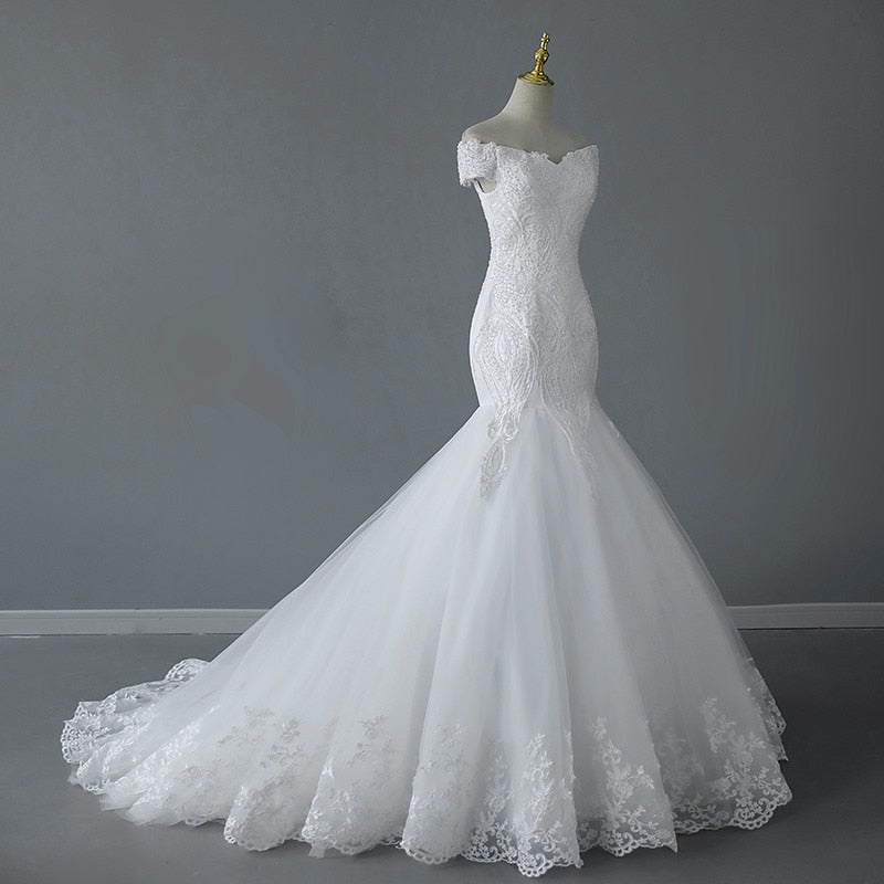 Handmade Beading Mermaid Wedding Dress Off The Shoulder Lace Embroidery