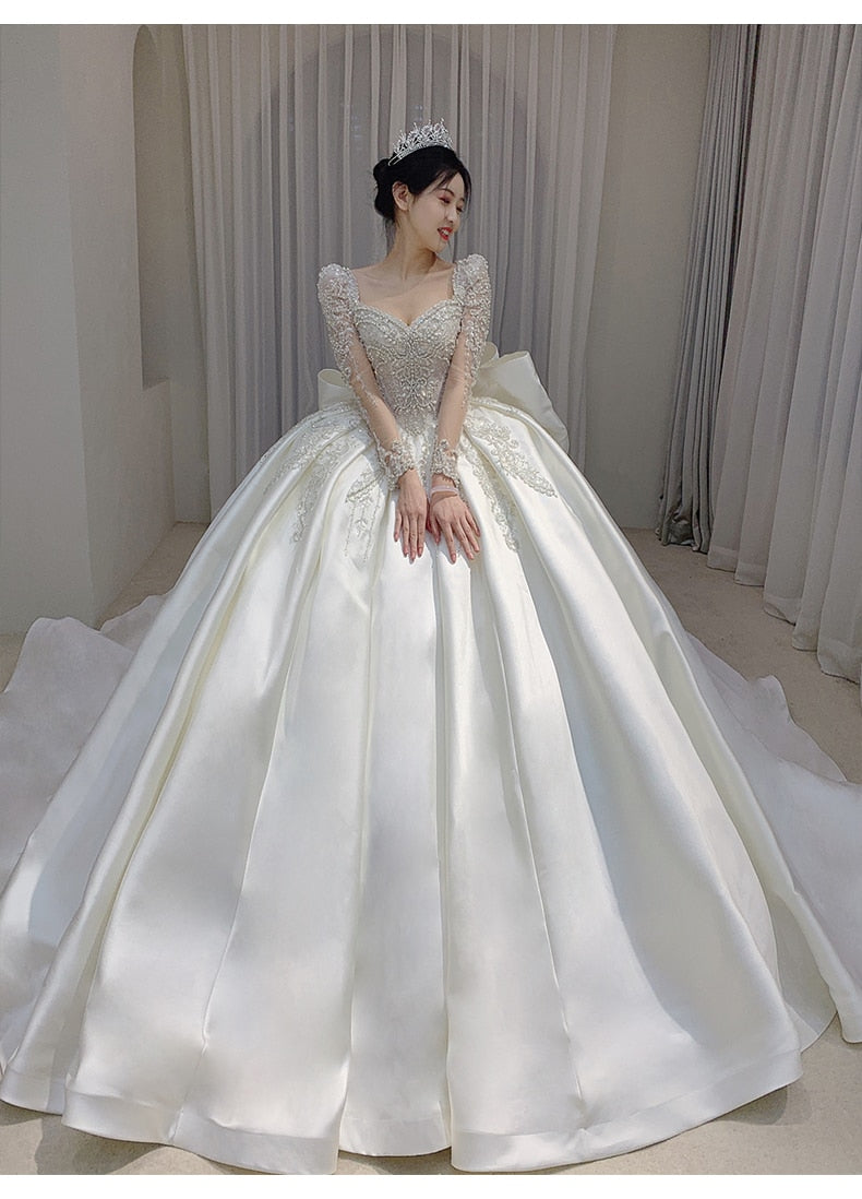 Long Sleeve Wedding Trailing Satin Lace Embroidery Bridal Dresses