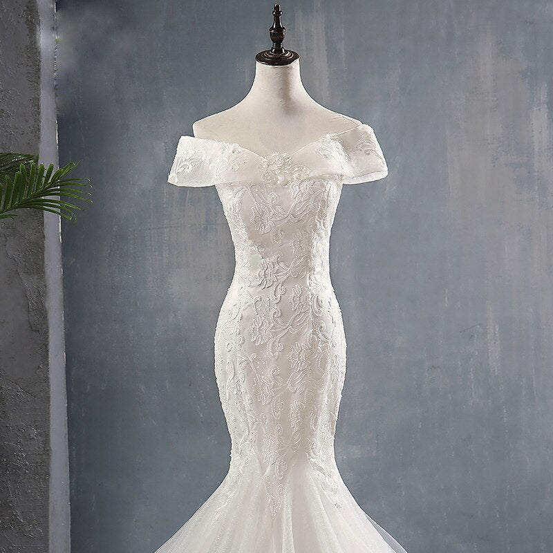 Elegant Sexy Mermaid Off The Should Lace Applique Bride Dress Custom