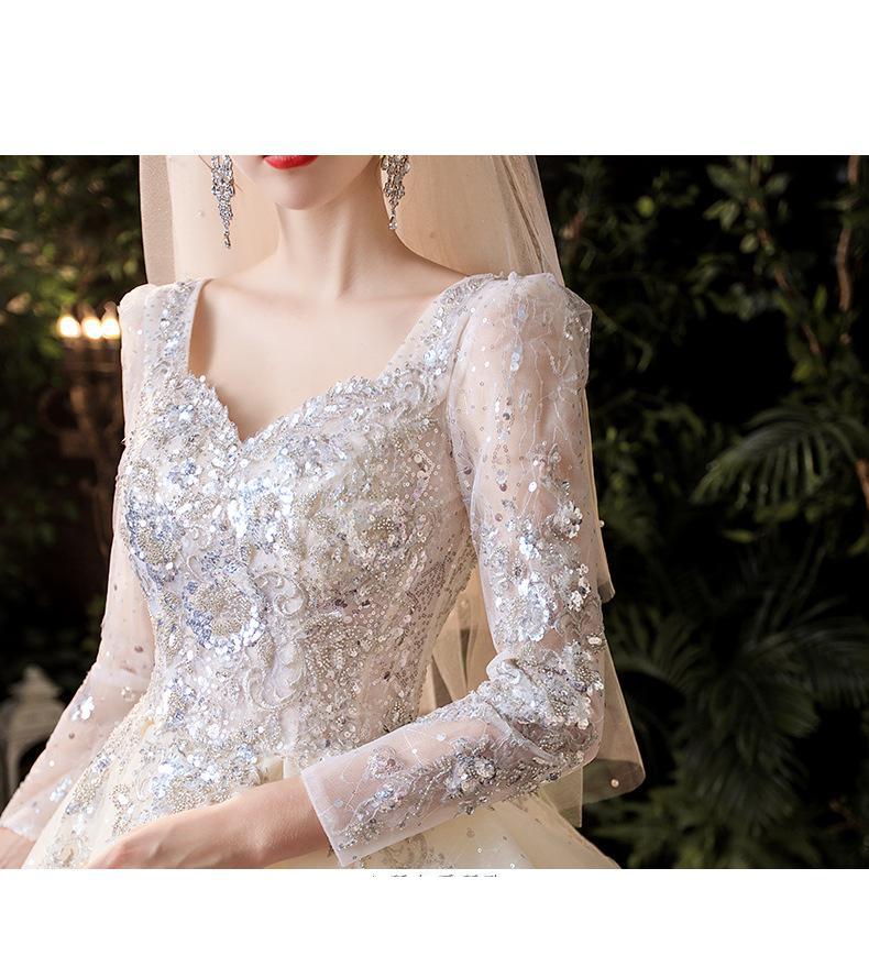 Luxury Long Sleeve Boat-neck Sweep Train Lace Up Gown