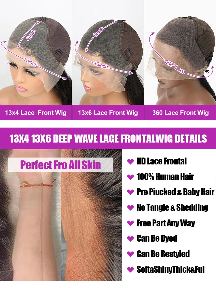 Transparent 250% Density Water Culry Human Hair 40Inch Deep Wave