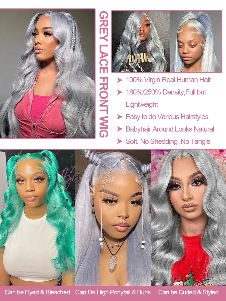 30 40 Inch Silver Grey Colored Body Wave Human Hair 13x6 HD Lace Frontal Wigs