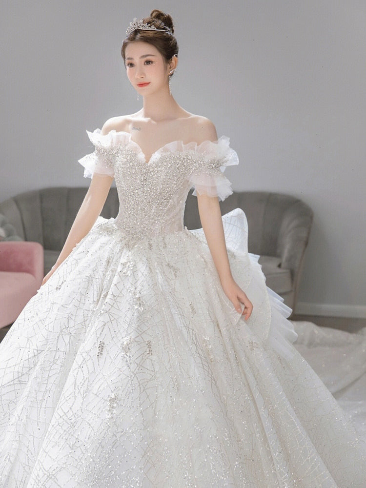 Luxury Wedding Dress Off The Shoulder Bridal Dress Lace Applique Custom Made